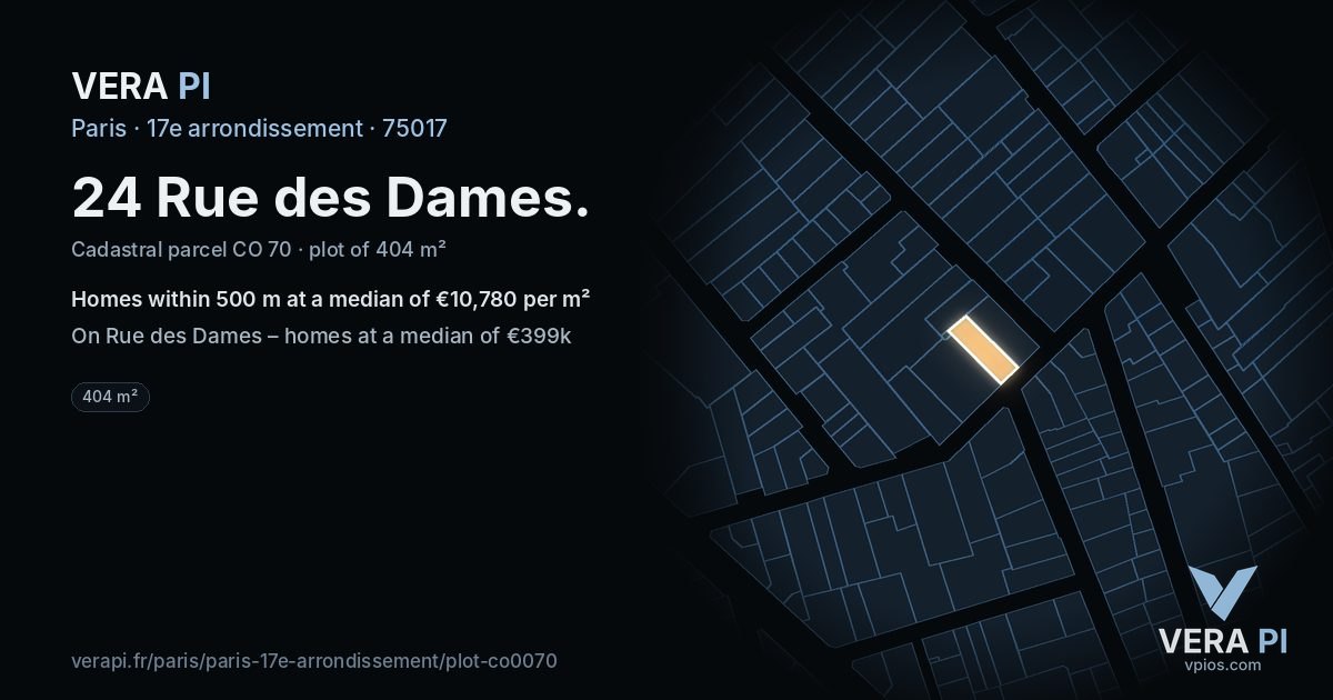 24 Rue des Dames, 17e arrondissement at night – the plot lit, the parcels around coloured by the prices near them
