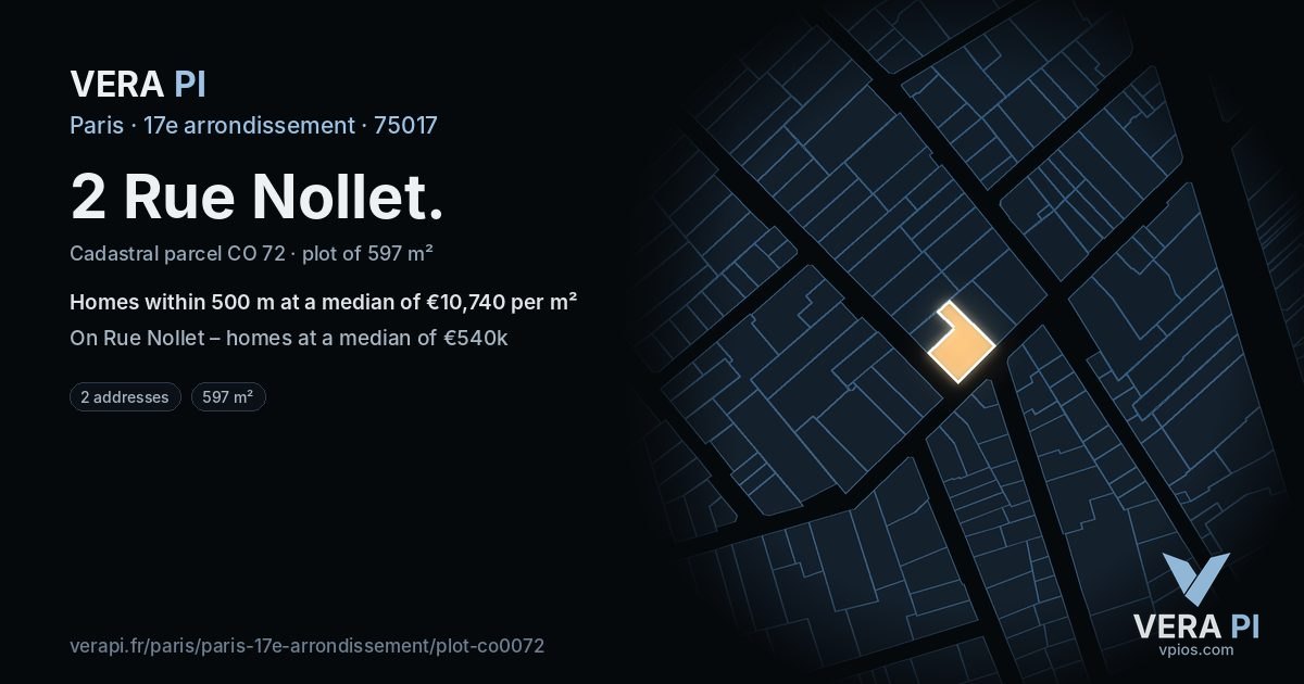 2 Rue Nollet, 17e arrondissement at night – the plot lit, the parcels around coloured by the prices near them