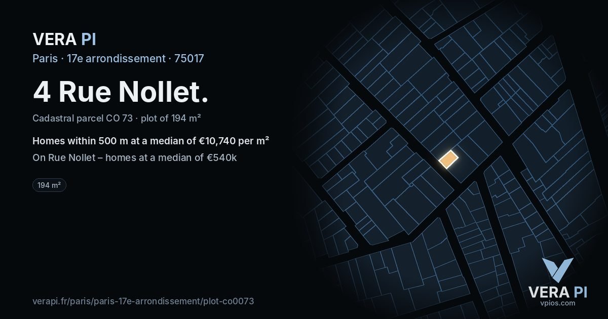 4 Rue Nollet, 17e arrondissement at night – the plot lit, the parcels around coloured by the prices near them
