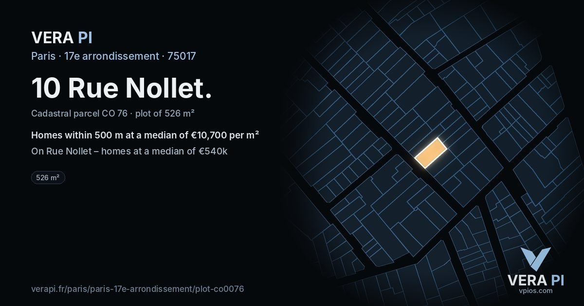 10 Rue Nollet, 17e arrondissement at night – the plot lit, the parcels around coloured by the prices near them