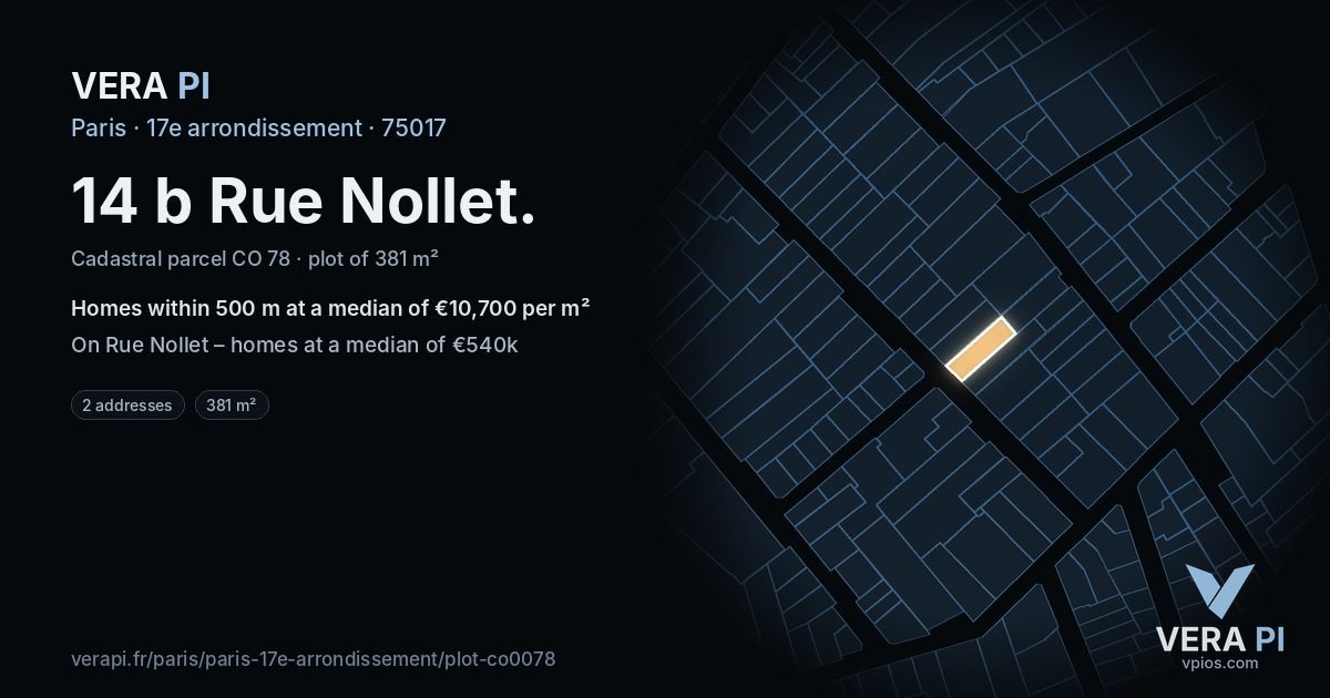 14 b Rue Nollet, 17e arrondissement at night – the plot lit, the parcels around coloured by the prices near them