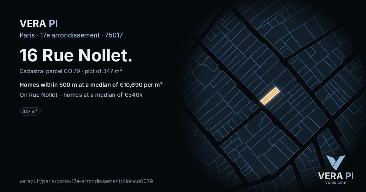16 Rue Nollet, 17e arrondissement at night – the plot lit, the parcels around coloured by the prices near them