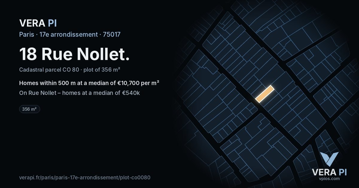 18 Rue Nollet, 17e arrondissement at night – the plot lit, the parcels around coloured by the prices near them