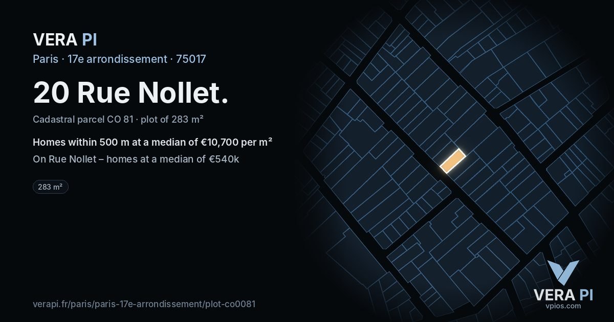 20 Rue Nollet, 17e arrondissement at night – the plot lit, the parcels around coloured by the prices near them