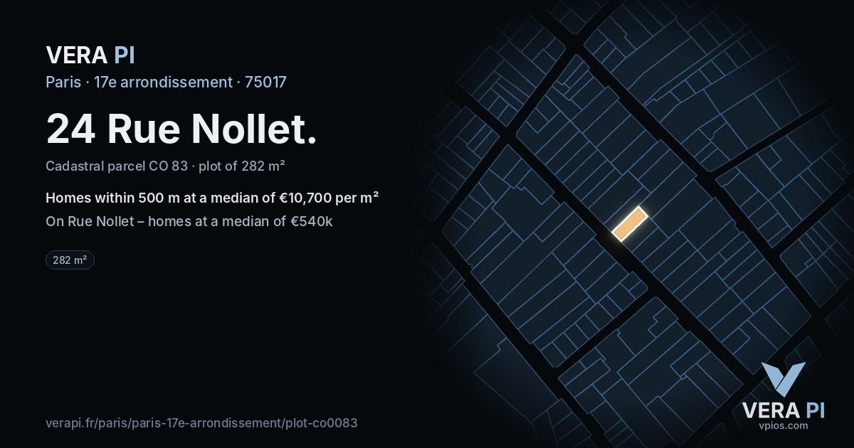 24 Rue Nollet, 17e arrondissement at night – the plot lit, the parcels around coloured by the prices near them