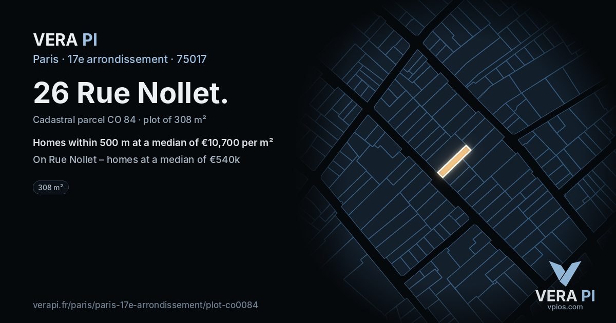 26 Rue Nollet, 17e arrondissement at night – the plot lit, the parcels around coloured by the prices near them