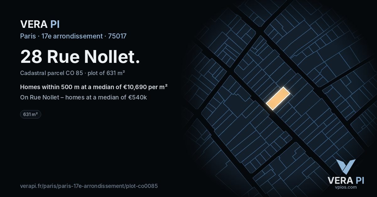28 Rue Nollet, 17e arrondissement at night – the plot lit, the parcels around coloured by the prices near them