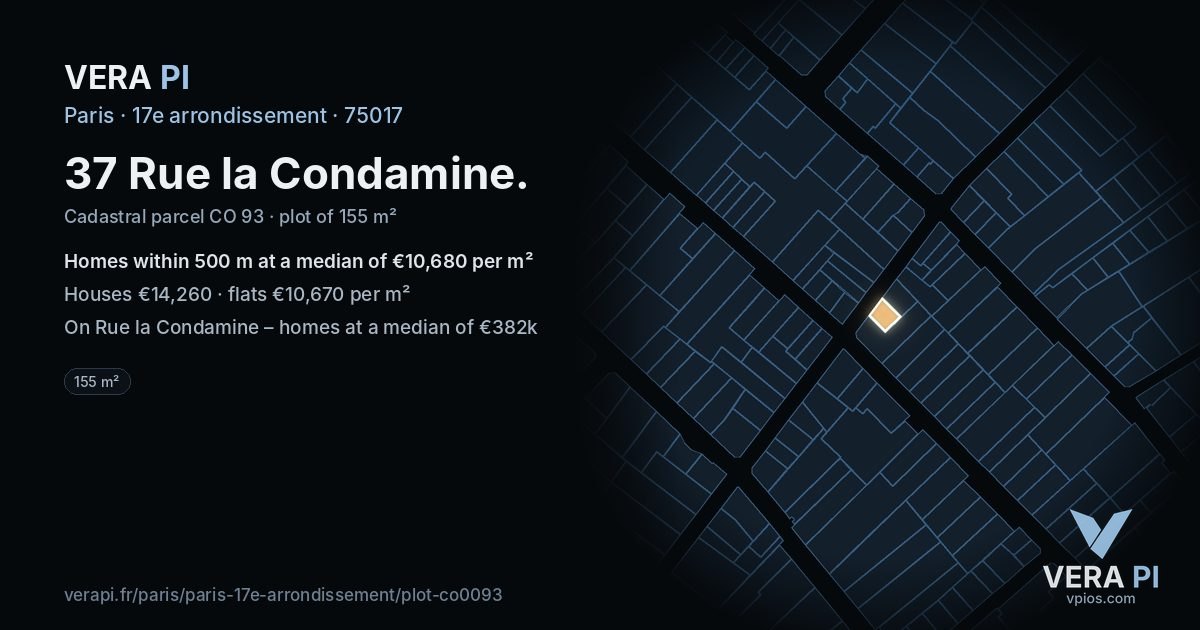 37 Rue la Condamine, 17e arrondissement at night – the plot lit, the parcels around coloured by the prices near them