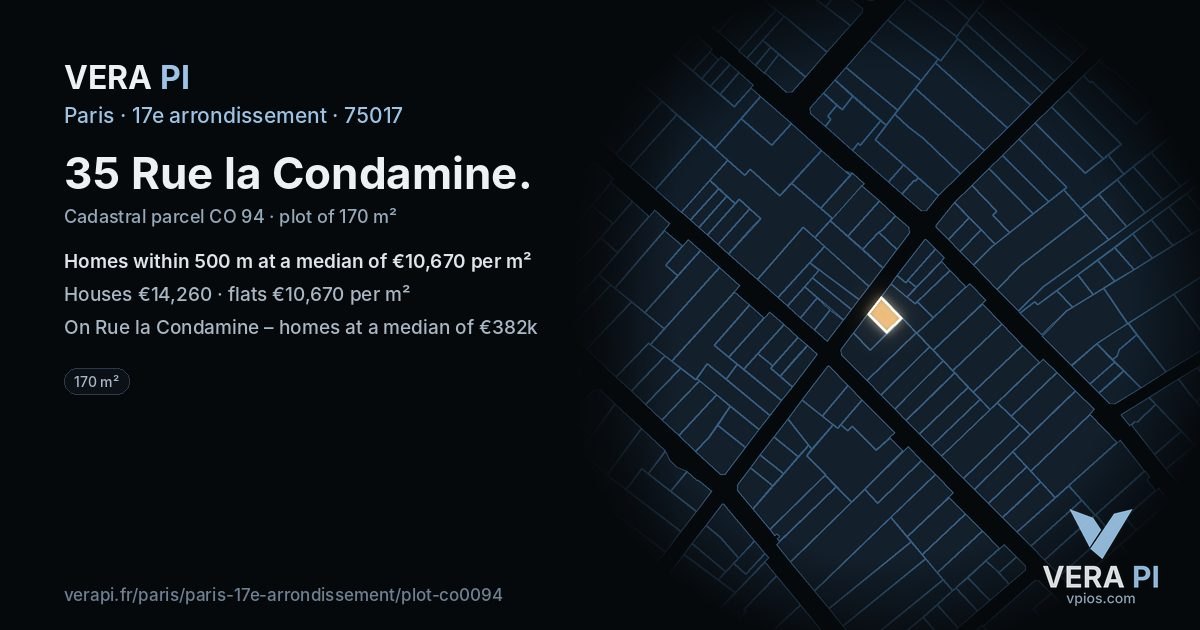 35 Rue la Condamine, 17e arrondissement at night – the plot lit, the parcels around coloured by the prices near them