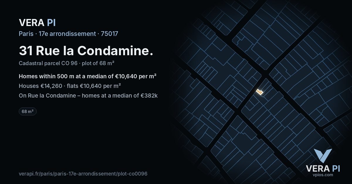 31 Rue la Condamine, 17e arrondissement at night – the plot lit, the parcels around coloured by the prices near them