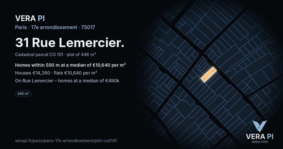 31 Rue Lemercier, 17e arrondissement at night – the plot lit, the parcels around coloured by the prices near them