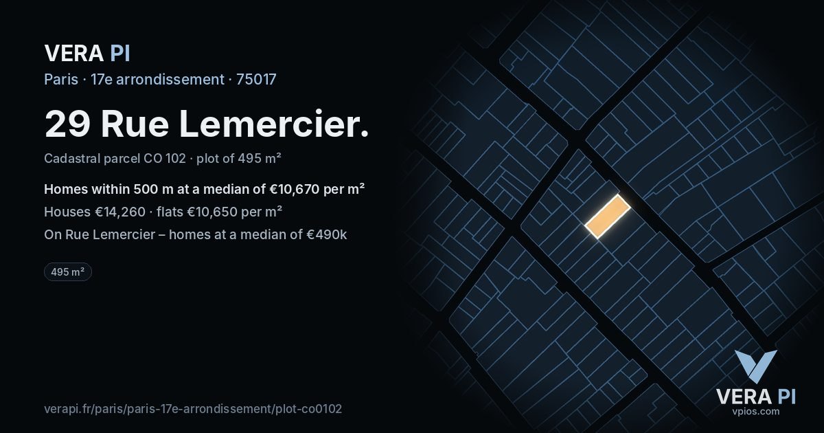 29 Rue Lemercier, 17e arrondissement at night – the plot lit, the parcels around coloured by the prices near them