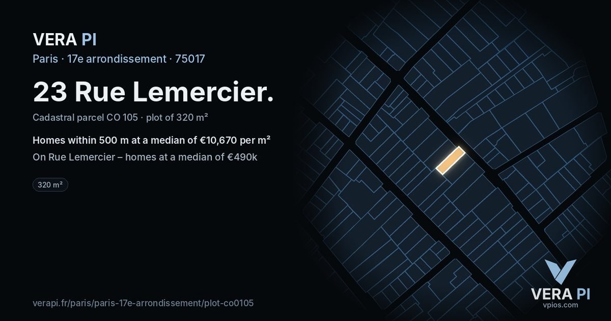 23 Rue Lemercier, 17e arrondissement at night – the plot lit, the parcels around coloured by the prices near them