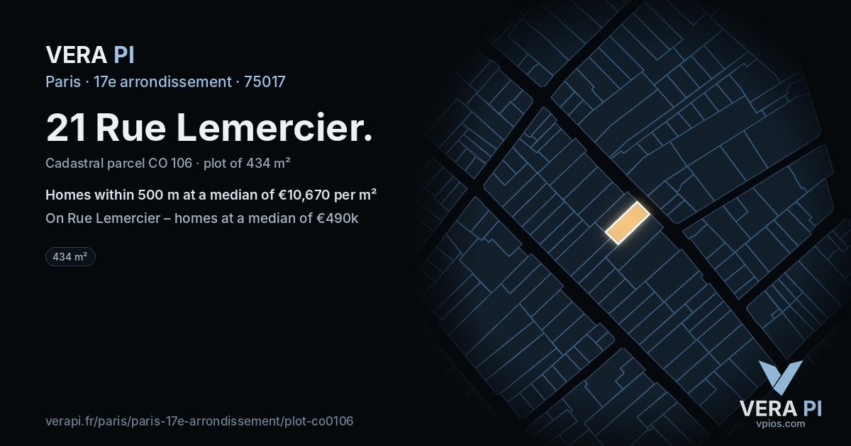 21 Rue Lemercier, 17e arrondissement at night – the plot lit, the parcels around coloured by the prices near them
