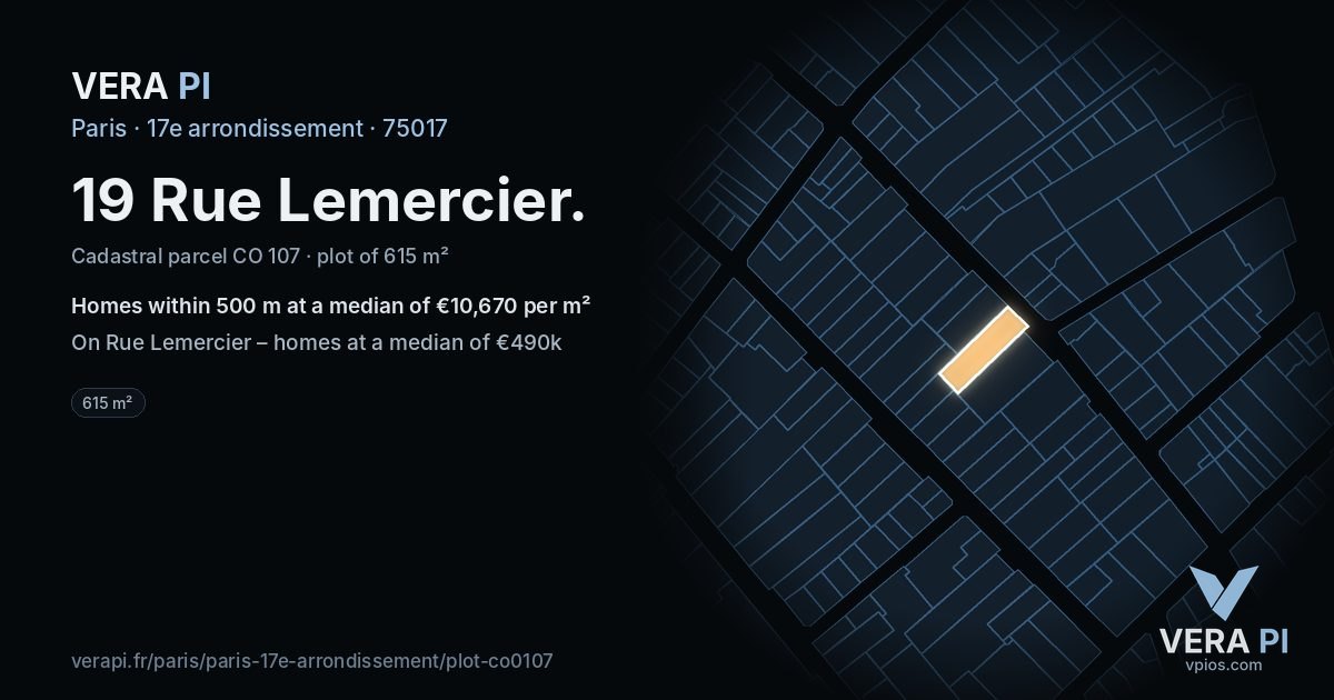19 Rue Lemercier, 17e arrondissement at night – the plot lit, the parcels around coloured by the prices near them