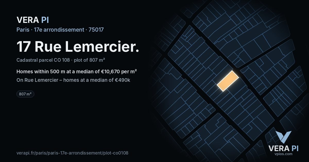 17 Rue Lemercier, 17e arrondissement at night – the plot lit, the parcels around coloured by the prices near them