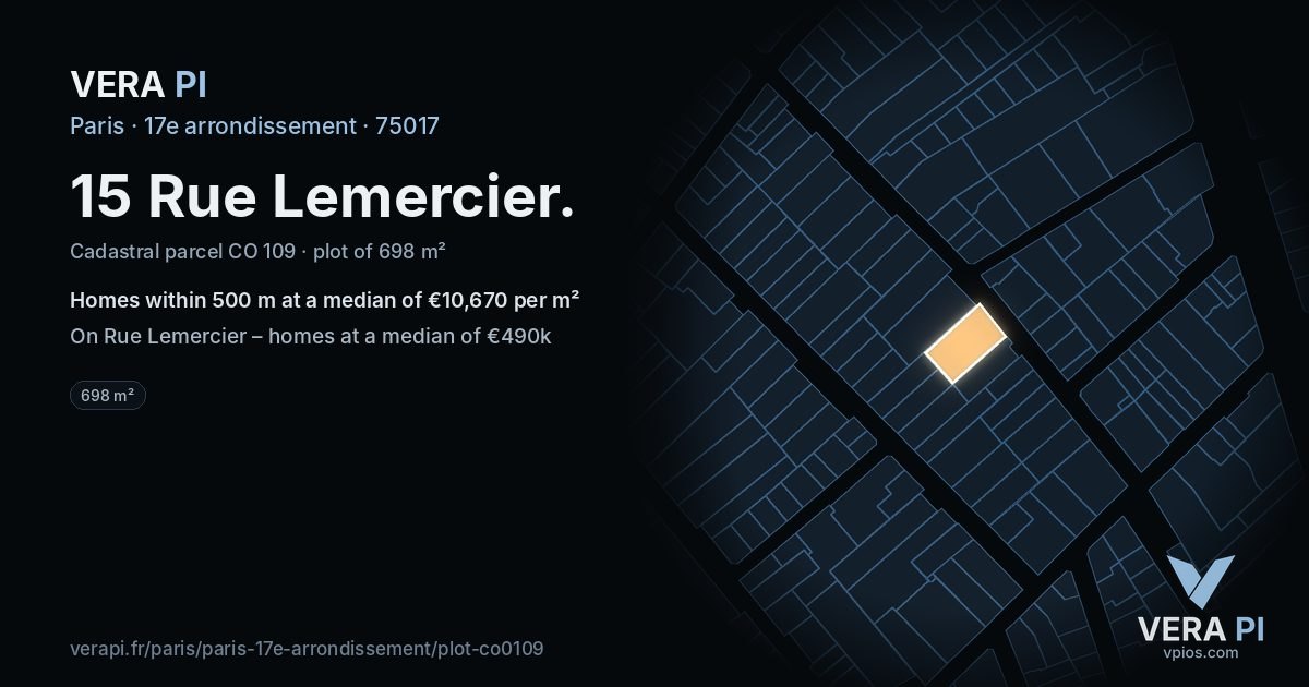 15 Rue Lemercier, 17e arrondissement at night – the plot lit, the parcels around coloured by the prices near them