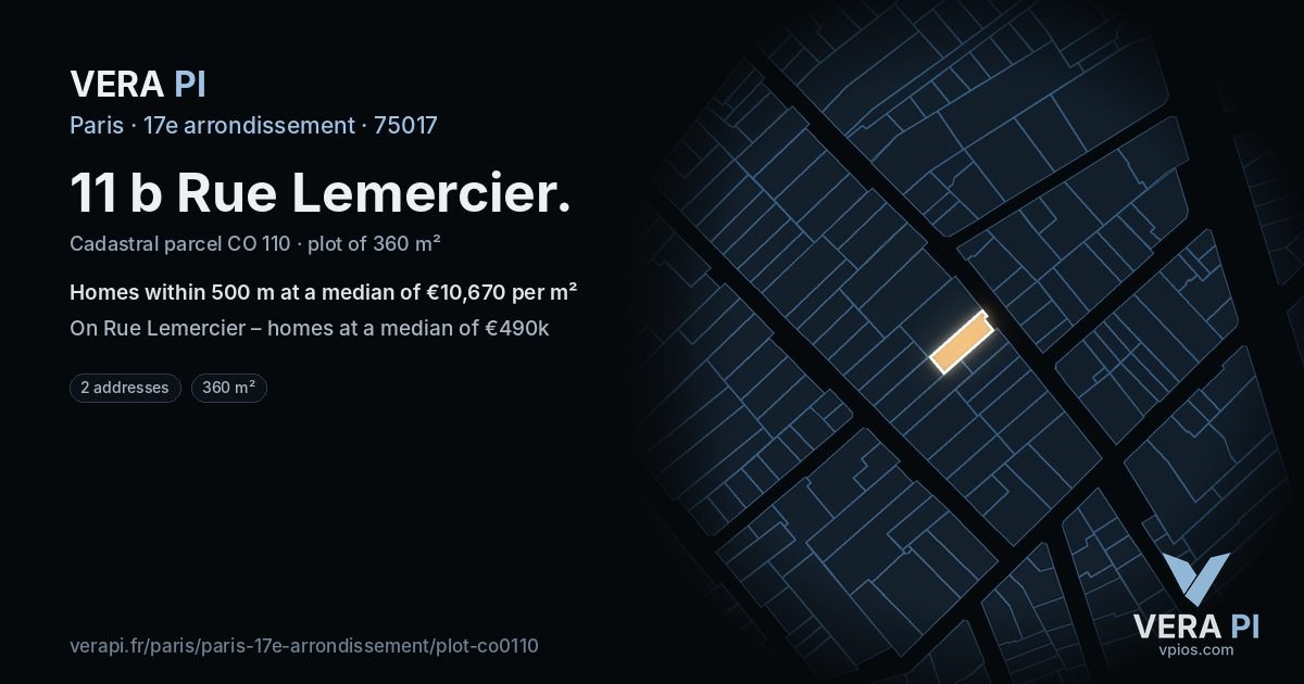 11 b Rue Lemercier, 17e arrondissement at night – the plot lit, the parcels around coloured by the prices near them