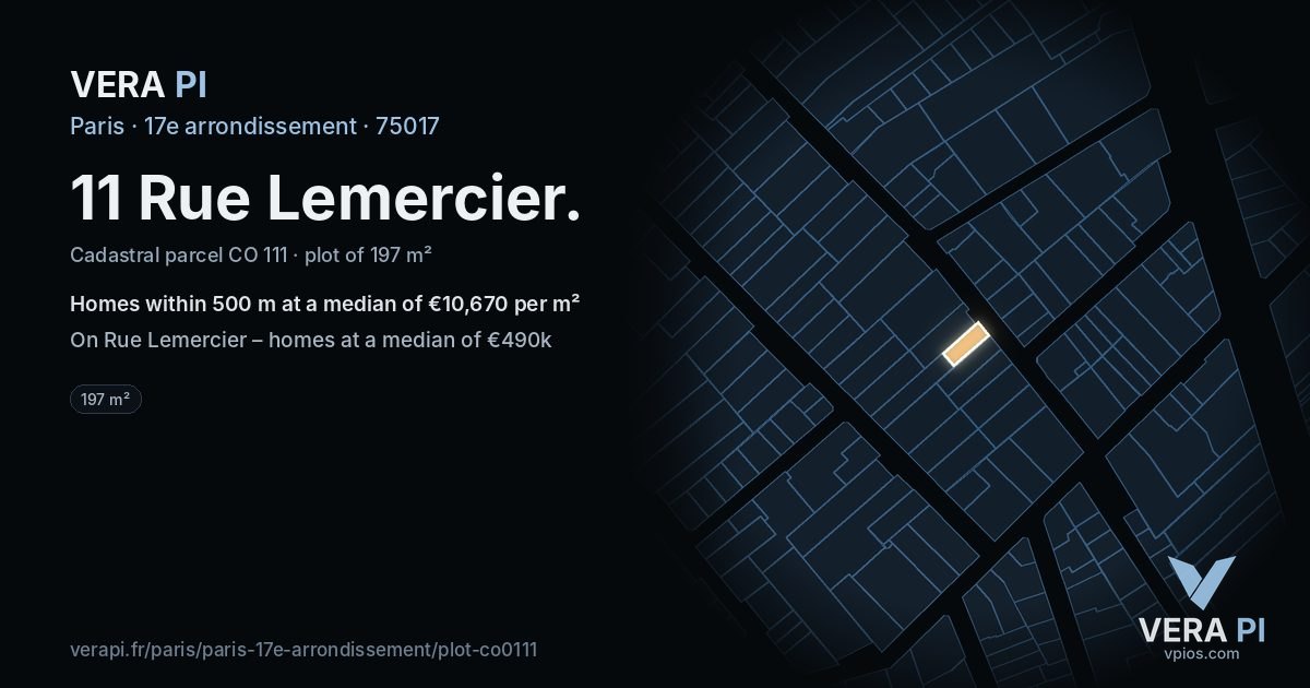11 Rue Lemercier, 17e arrondissement at night – the plot lit, the parcels around coloured by the prices near them