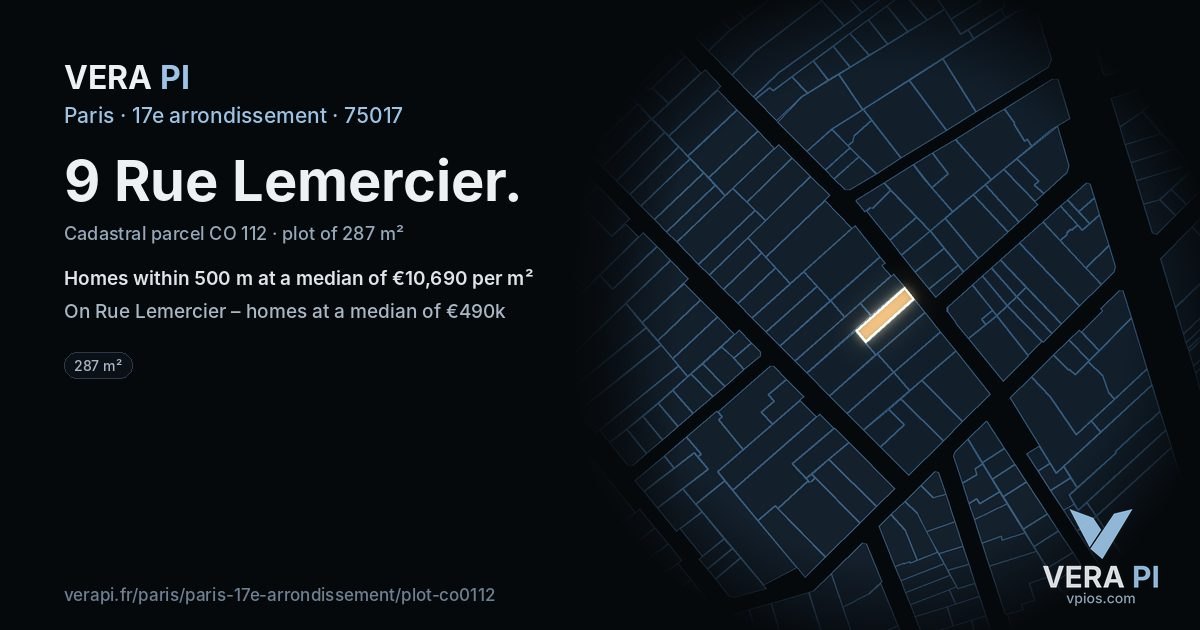 9 Rue Lemercier, 17e arrondissement at night – the plot lit, the parcels around coloured by the prices near them