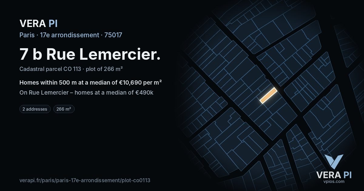 7 b Rue Lemercier, 17e arrondissement at night – the plot lit, the parcels around coloured by the prices near them