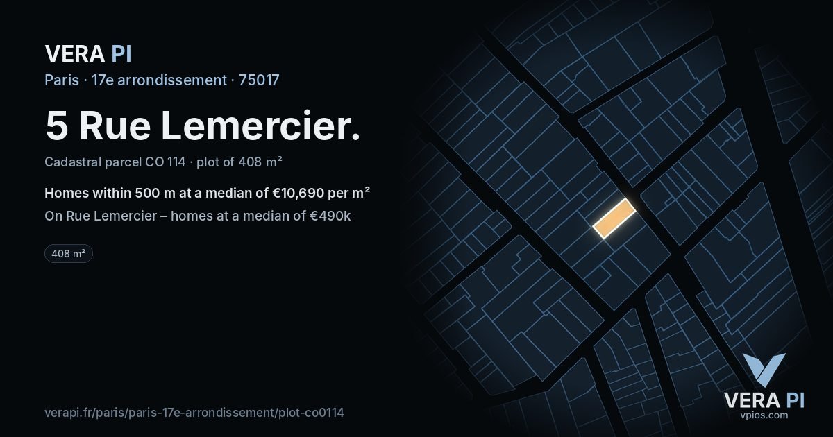 5 Rue Lemercier, 17e arrondissement at night – the plot lit, the parcels around coloured by the prices near them