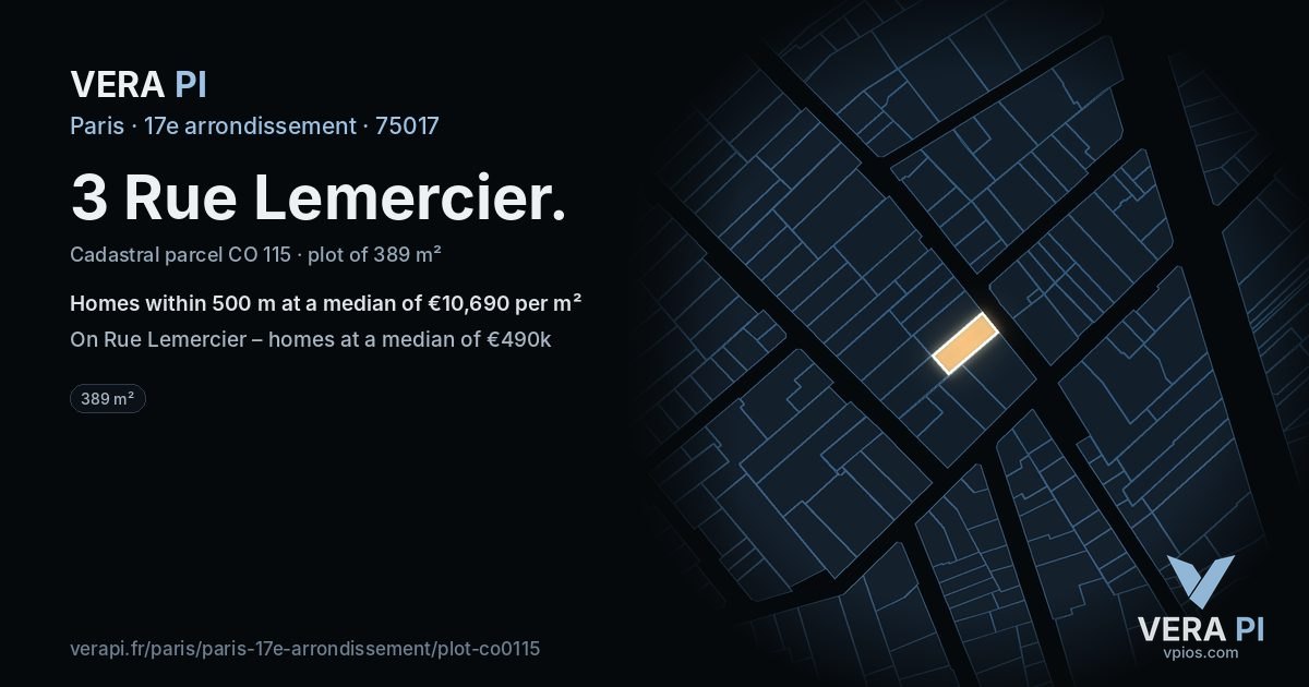 3 Rue Lemercier, 17e arrondissement at night – the plot lit, the parcels around coloured by the prices near them
