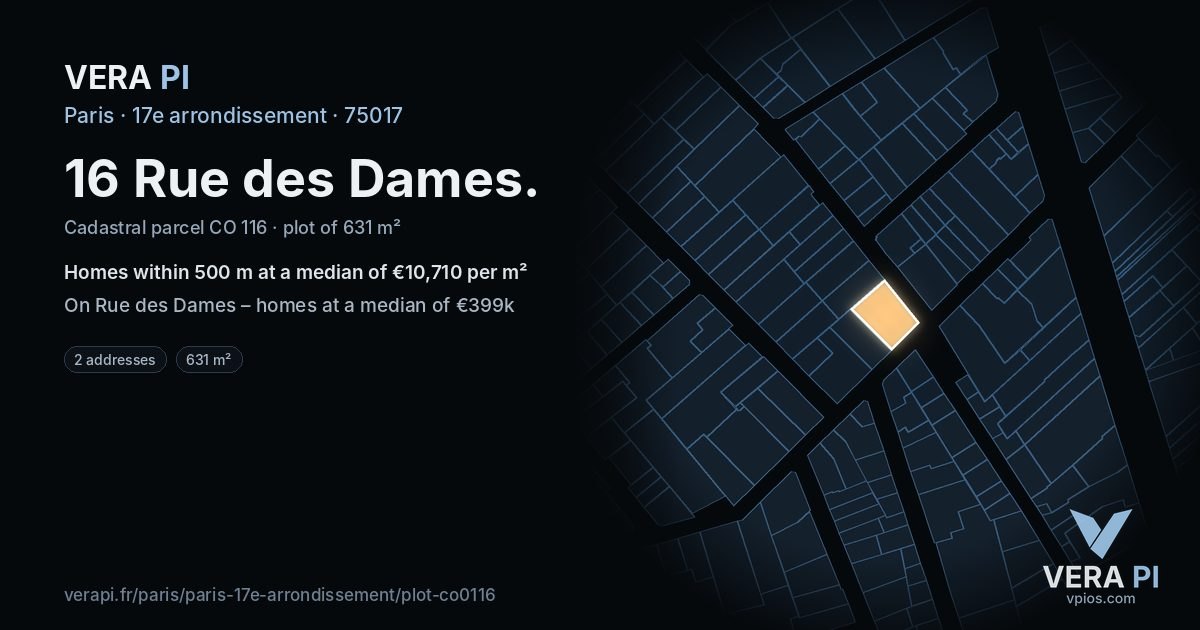 16 Rue des Dames, 17e arrondissement at night – the plot lit, the parcels around coloured by the prices near them