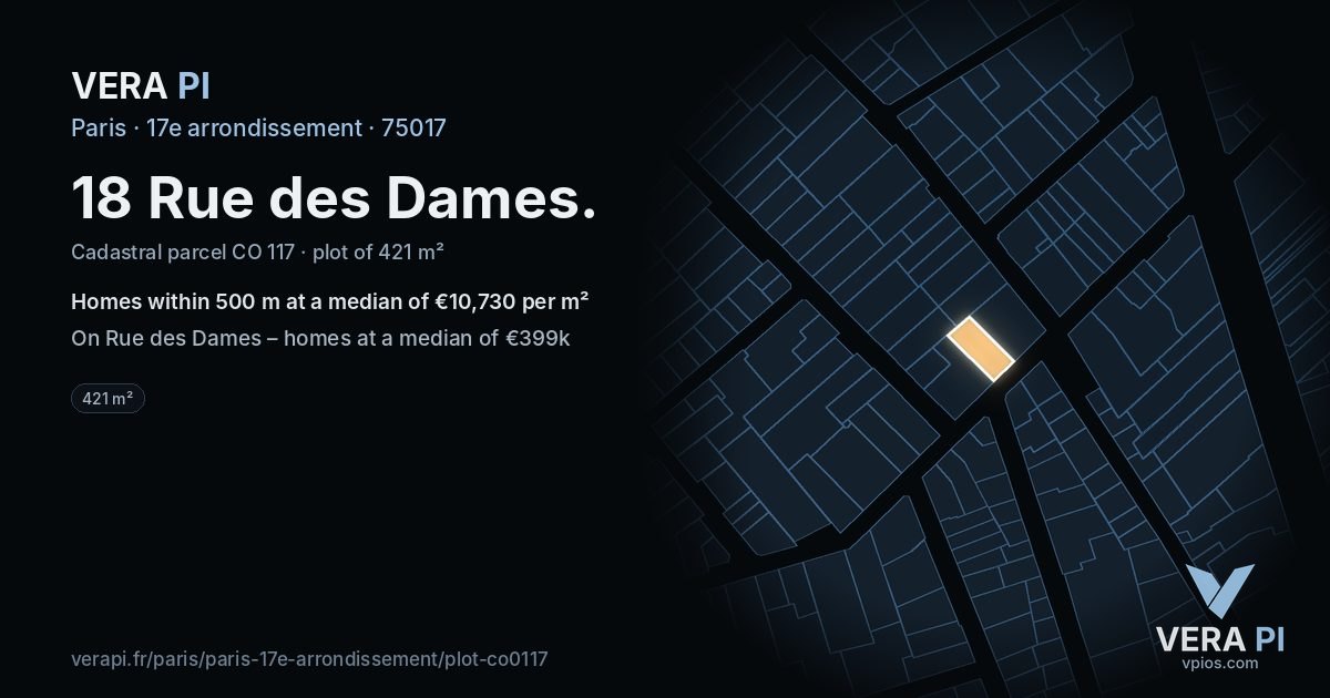18 Rue des Dames, 17e arrondissement at night – the plot lit, the parcels around coloured by the prices near them