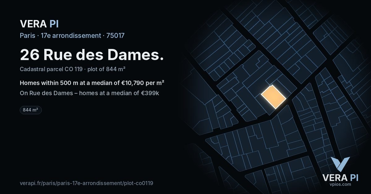 26 Rue des Dames, 17e arrondissement at night – the plot lit, the parcels around coloured by the prices near them