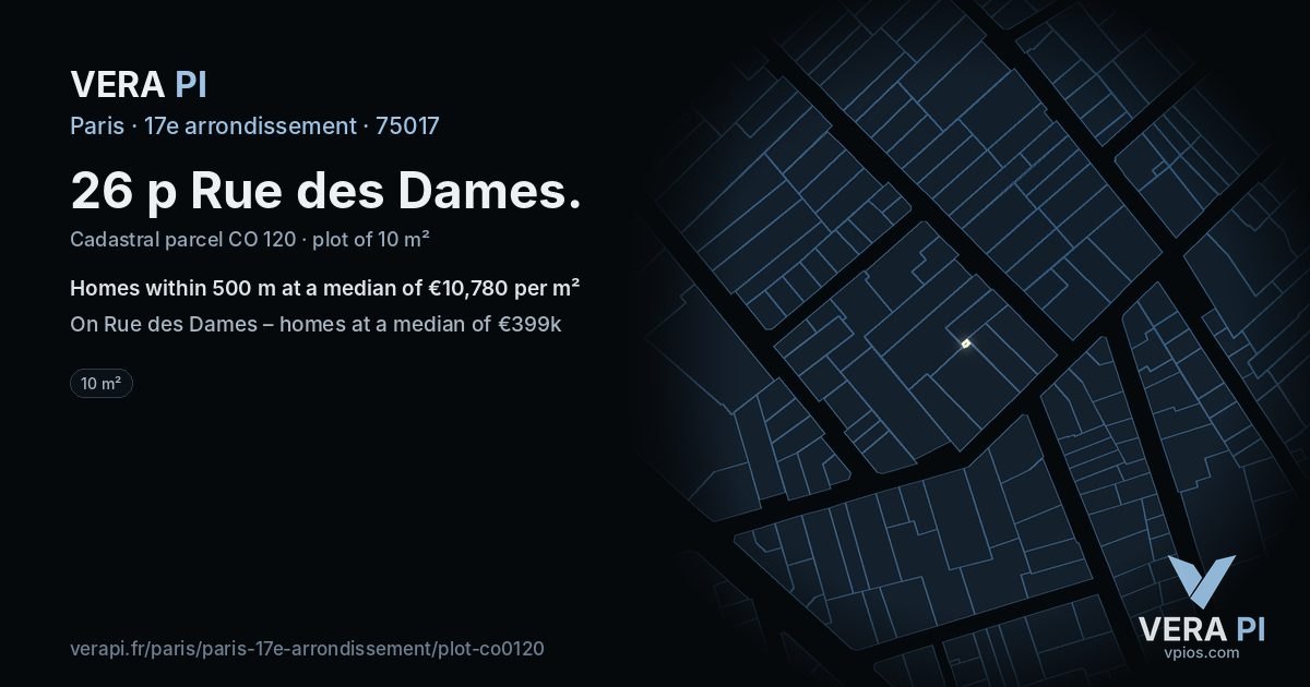 26 p Rue des Dames, 17e arrondissement at night – the plot lit, the parcels around coloured by the prices near them
