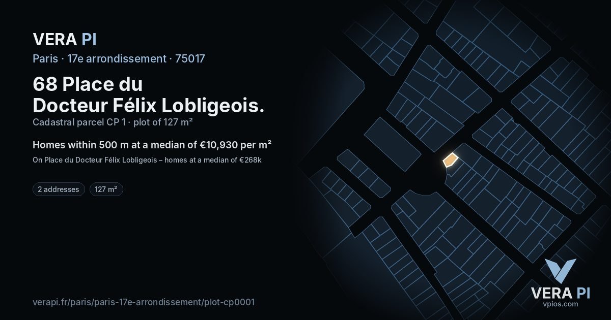 68 Place du Docteur Félix Lobligeois, 17e arrondissement at night – the plot lit, the parcels around coloured by the prices near them
