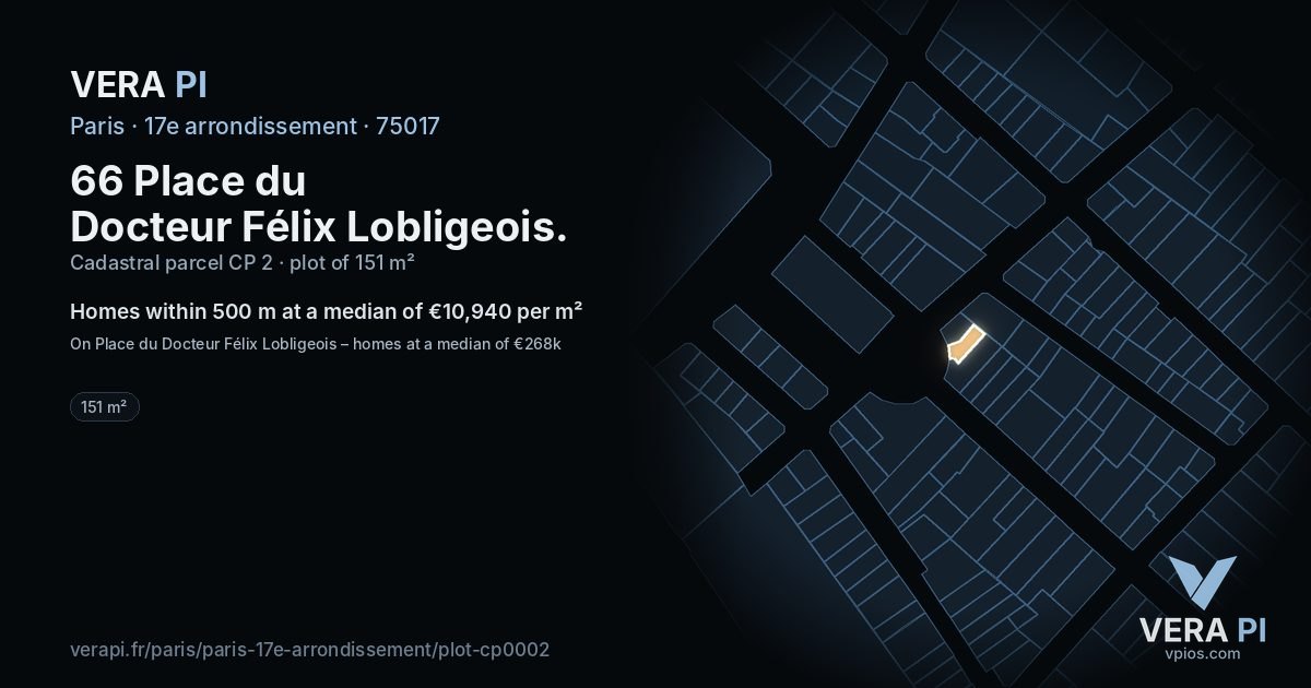 66 Place du Docteur Félix Lobligeois, 17e arrondissement at night – the plot lit, the parcels around coloured by the prices near them