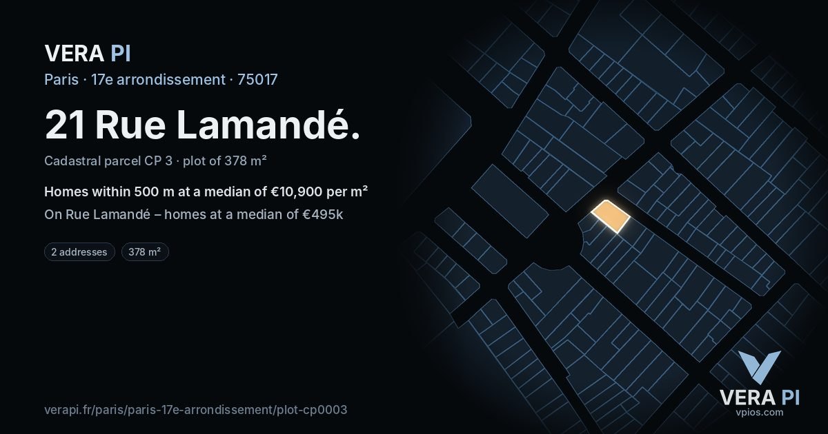 21 Rue Lamandé, 17e arrondissement at night – the plot lit, the parcels around coloured by the prices near them