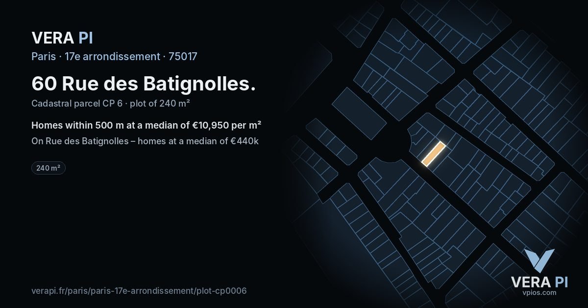 60 Rue des Batignolles, 17e arrondissement at night – the plot lit, the parcels around coloured by the prices near them