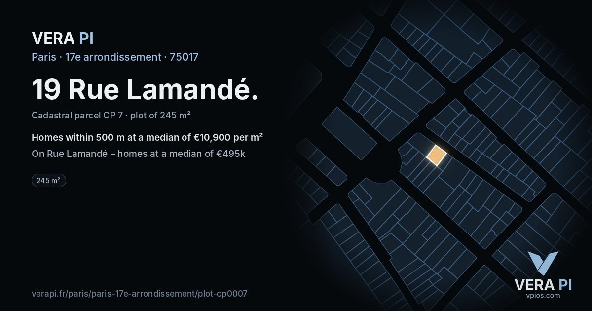 19 Rue Lamandé, 17e arrondissement at night – the plot lit, the parcels around coloured by the prices near them