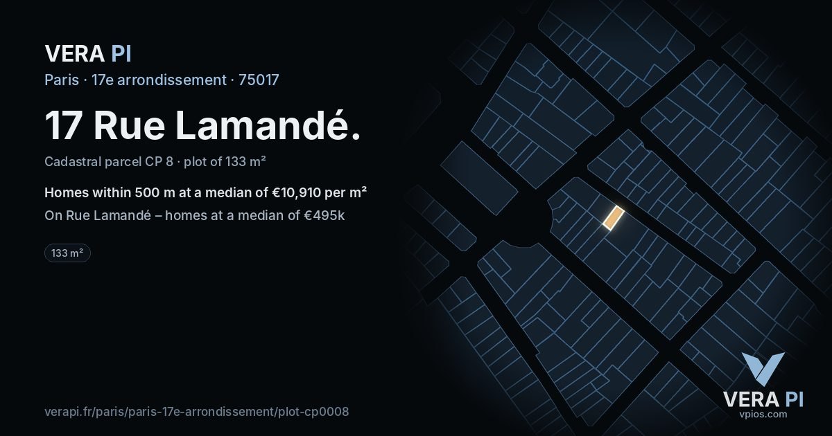 17 Rue Lamandé, 17e arrondissement at night – the plot lit, the parcels around coloured by the prices near them
