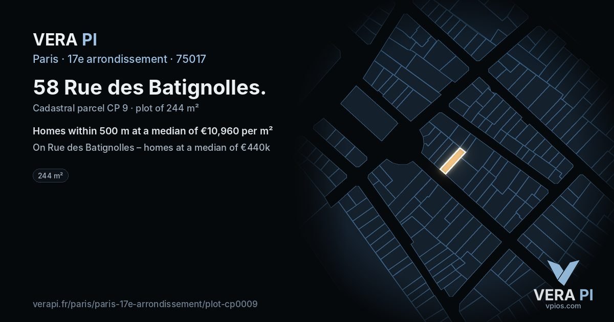 58 Rue des Batignolles, 17e arrondissement at night – the plot lit, the parcels around coloured by the prices near them