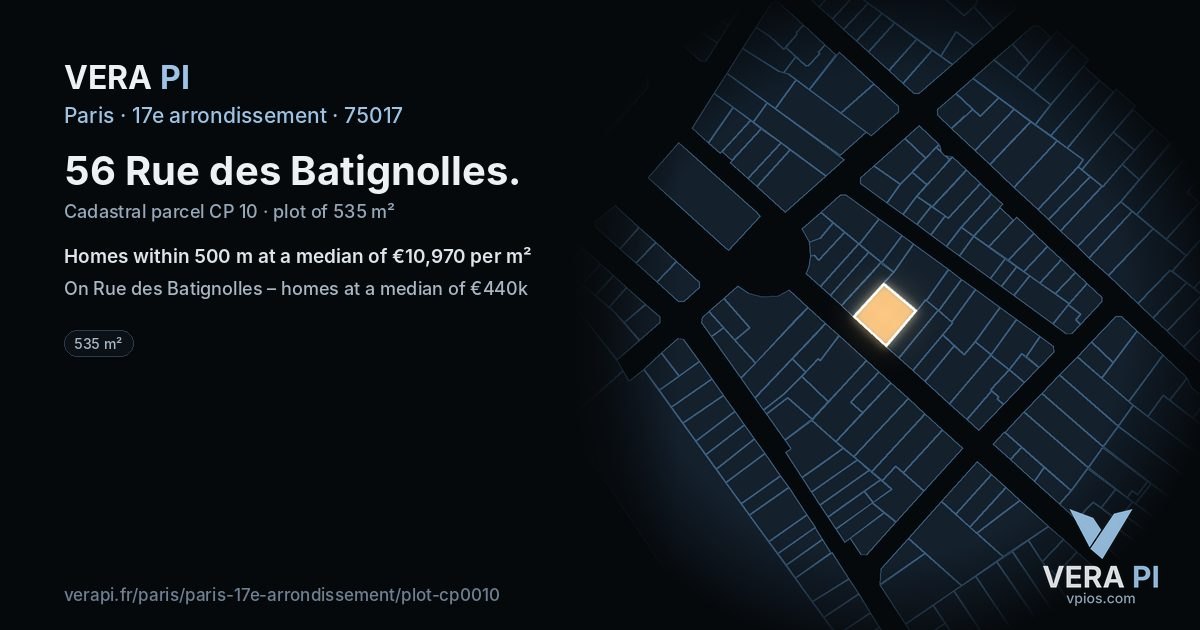 56 Rue des Batignolles, 17e arrondissement at night – the plot lit, the parcels around coloured by the prices near them