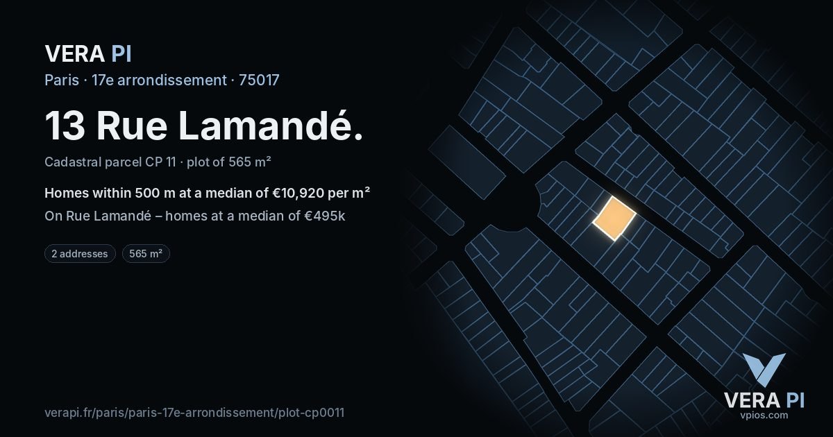13 Rue Lamandé, 17e arrondissement at night – the plot lit, the parcels around coloured by the prices near them