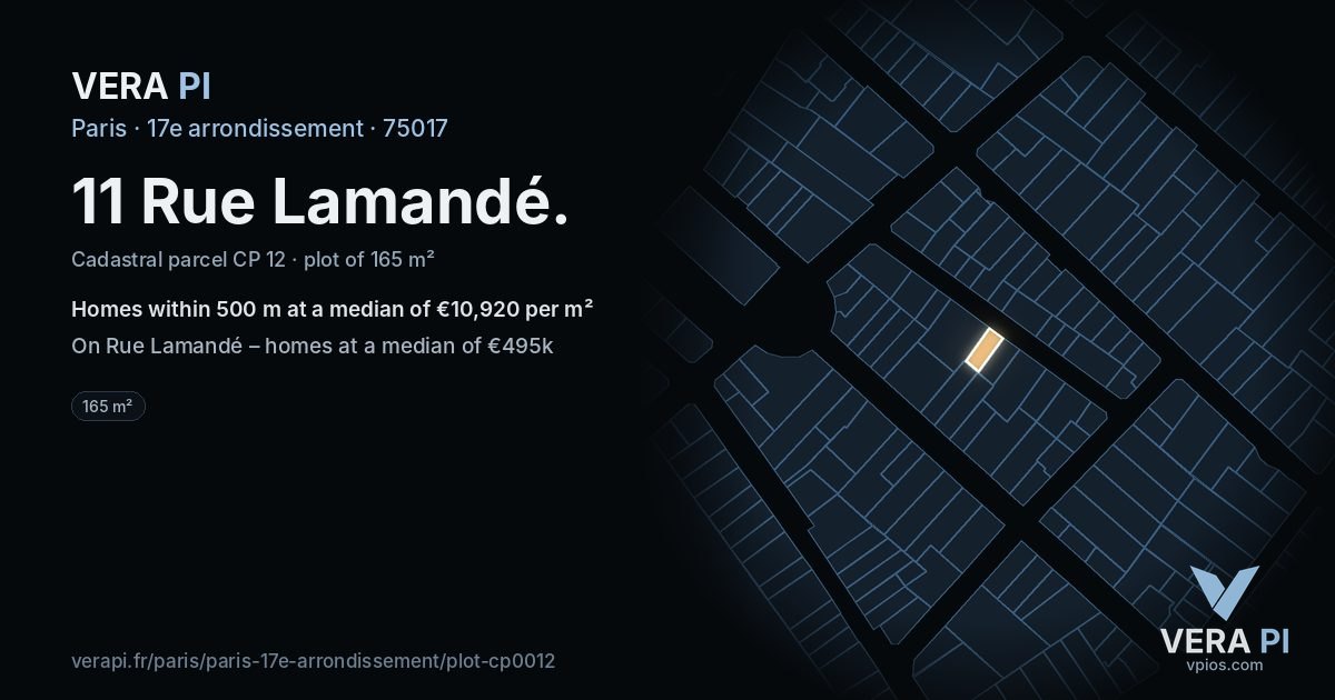 11 Rue Lamandé, 17e arrondissement at night – the plot lit, the parcels around coloured by the prices near them