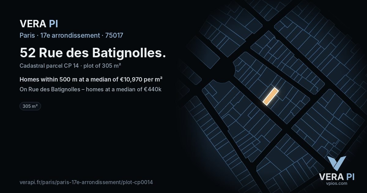 52 Rue des Batignolles, 17e arrondissement at night – the plot lit, the parcels around coloured by the prices near them