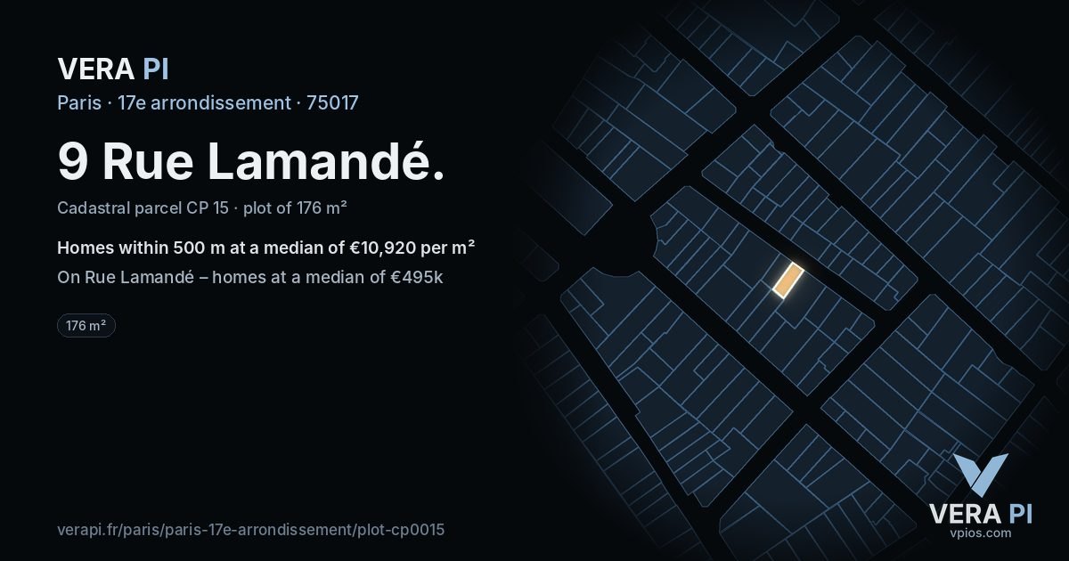 9 Rue Lamandé, 17e arrondissement at night – the plot lit, the parcels around coloured by the prices near them