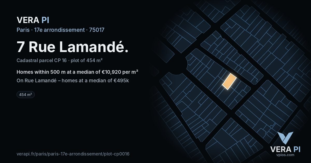 7 Rue Lamandé, 17e arrondissement at night – the plot lit, the parcels around coloured by the prices near them