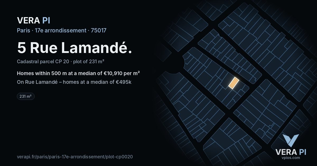 5 Rue Lamandé, 17e arrondissement at night – the plot lit, the parcels around coloured by the prices near them