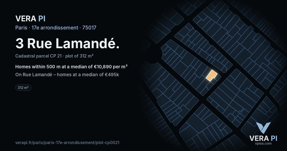 3 Rue Lamandé, 17e arrondissement at night – the plot lit, the parcels around coloured by the prices near them