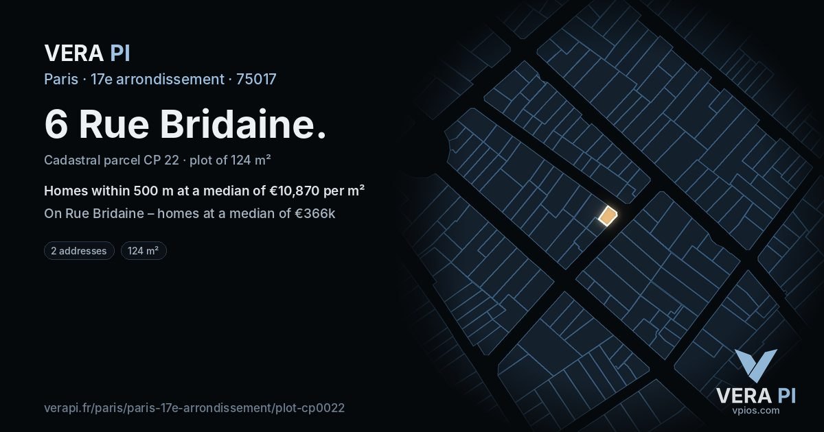 6 Rue Bridaine, 17e arrondissement at night – the plot lit, the parcels around coloured by the prices near them