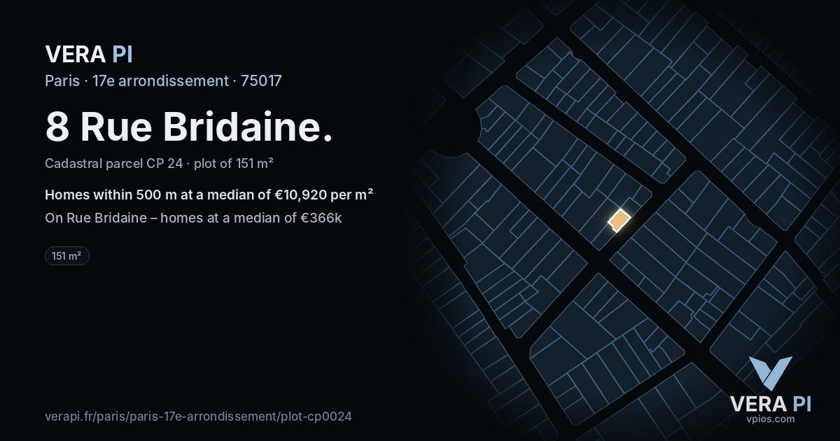 8 Rue Bridaine, 17e arrondissement at night – the plot lit, the parcels around coloured by the prices near them