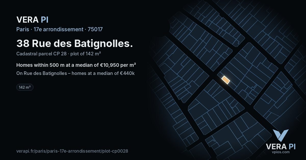 38 Rue des Batignolles, 17e arrondissement at night – the plot lit, the parcels around coloured by the prices near them