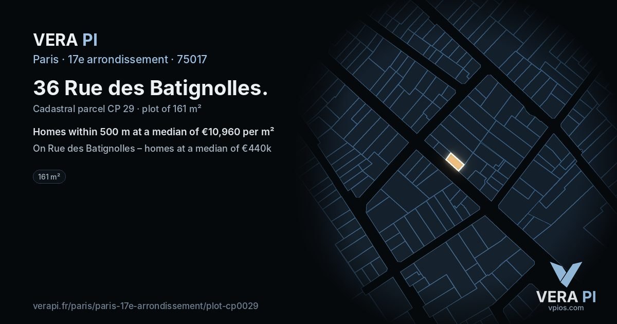 36 Rue des Batignolles, 17e arrondissement at night – the plot lit, the parcels around coloured by the prices near them